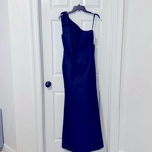 Alfred Sung Satin Twill one shoulder with bow dress midnight blue